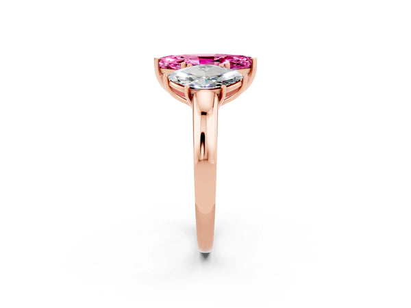 Rose gold Marquise Cut Pink Sapphire Three-Stone Ring with Four-Prong Setting and Classic Band