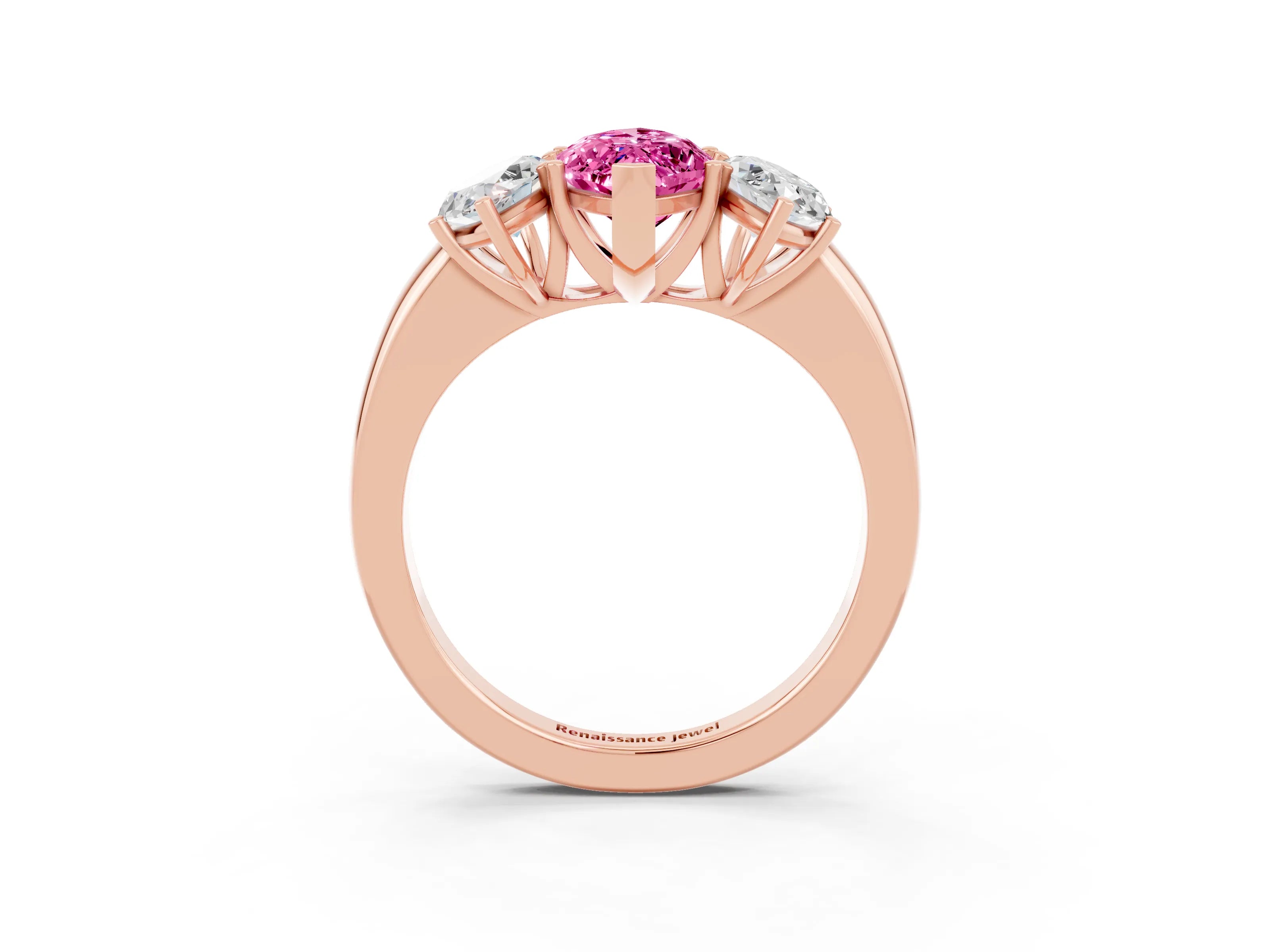 Rose gold Marquise Cut Pink Sapphire Three-Stone Ring with Four-Prong Setting and Classic Band_3