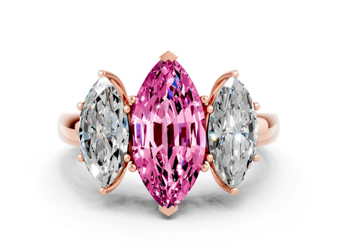 Rose gold Marquise Cut Pink Sapphire Three-Stone Ring with Four-Prong Setting and Classic Band