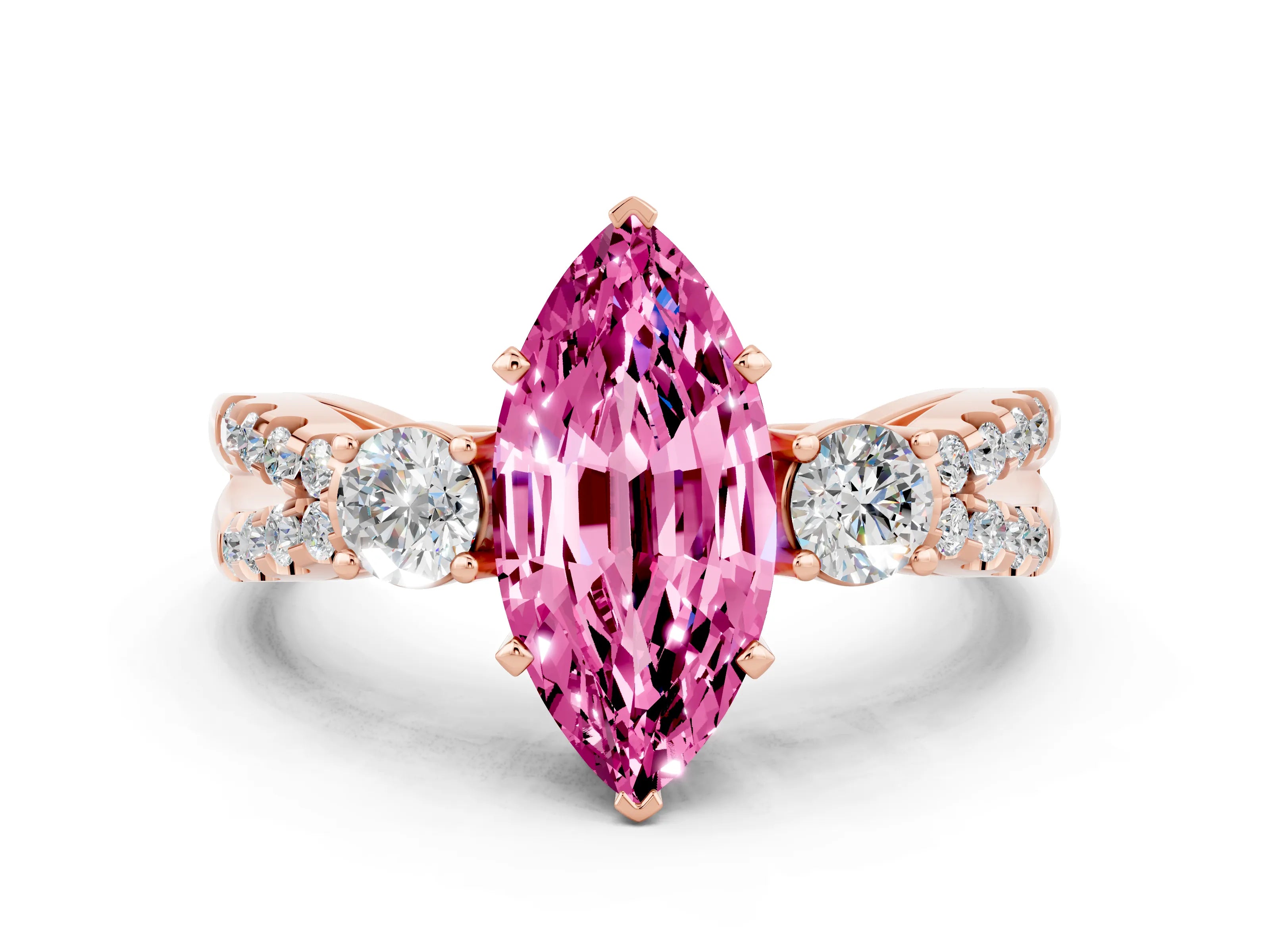 Rose gold Marquise Cut Pink Sapphire Three-Stone Ring with Pavé Split Shank and Four-Prong Setting_36