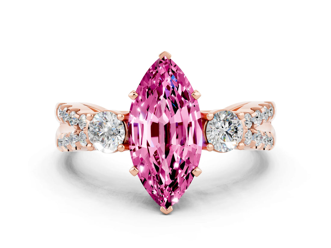 Rose gold Marquise Cut Pink Sapphire Three-Stone Ring with Pavé Split Shank and Four-Prong Setting_36