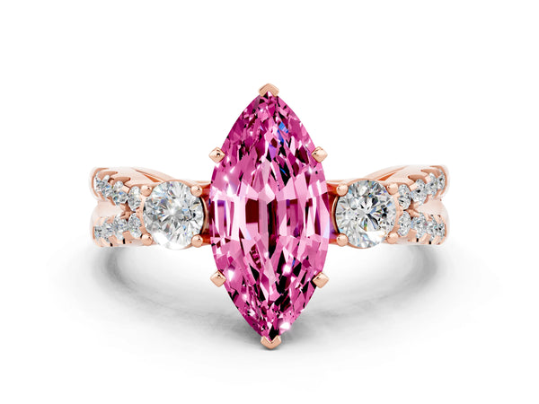 Rose gold Marquise Cut Pink Sapphire Three-Stone Ring with Pavé Split Shank and Four-Prong Setting