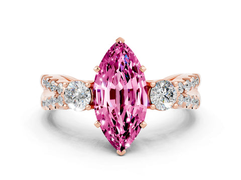 Rose gold Marquise Cut Pink Sapphire Three-Stone Ring with Pavé Split Shank and Four-Prong Setting_36
