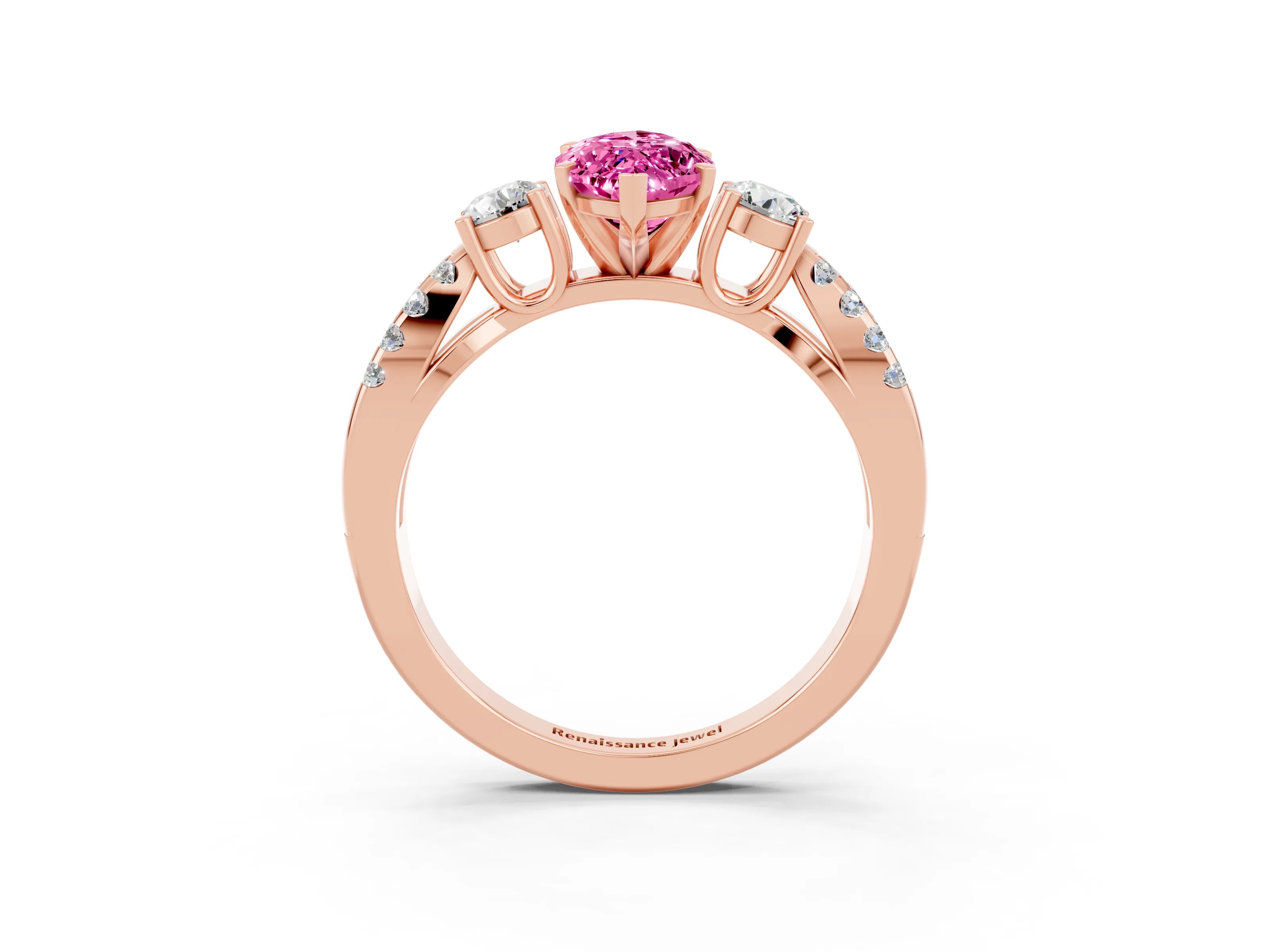 Rose gold Marquise Cut Pink Sapphire Three-Stone Ring with Pavé Split Shank and Four-Prong Setting_39