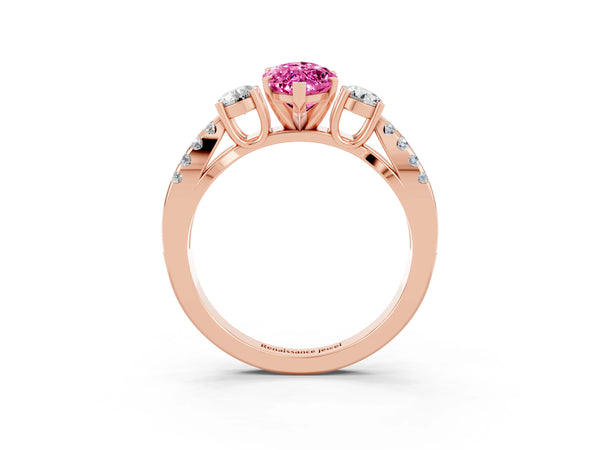 Rose gold Marquise Cut Pink Sapphire Three-Stone Ring with Pavé Split Shank and Four-Prong Setting