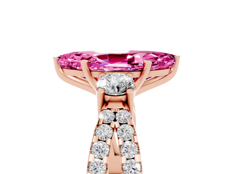 Rose gold Marquise Cut Pink Sapphire Three-Stone Ring with Pavé Split Shank and Four-Prong Setting_41