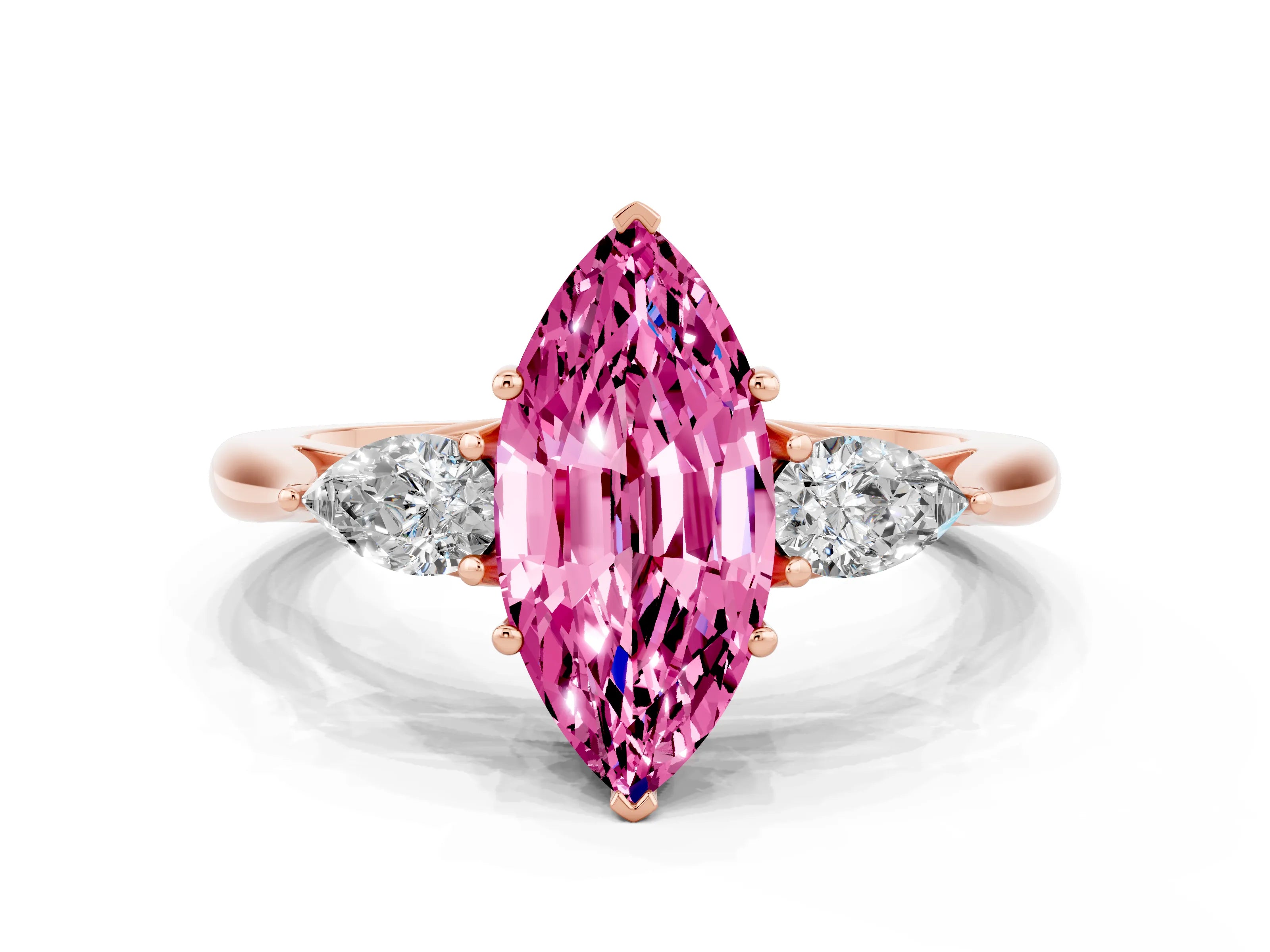 Rose gold Marquise Cut Pink Sapphire Three-Stone Ring with Pear Side Stones and Four-Prong Setting_12