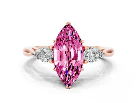 Rose gold Marquise Cut Pink Sapphire Three-Stone Ring with Pear Side Stones and Four-Prong Setting_12