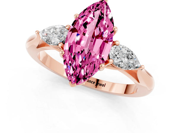 Rose gold Marquise Cut Pink Sapphire Three-Stone Ring with Pear  Side Stones and Prong Setting