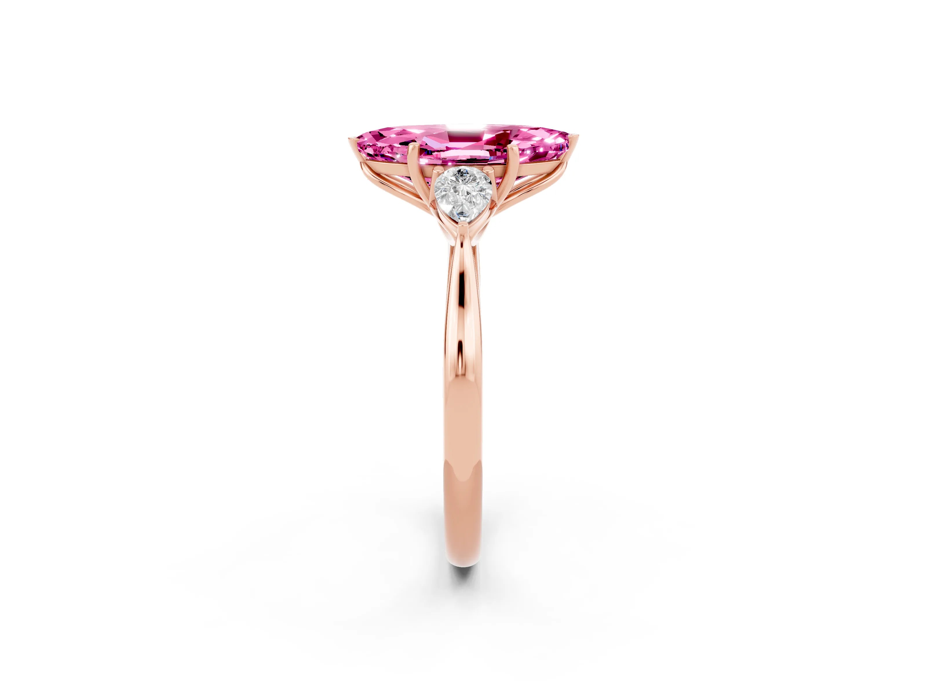 Rose gold Marquise Cut Pink Sapphire Three-Stone Ring with Pear Side Stones and Four-Prong Setting_14