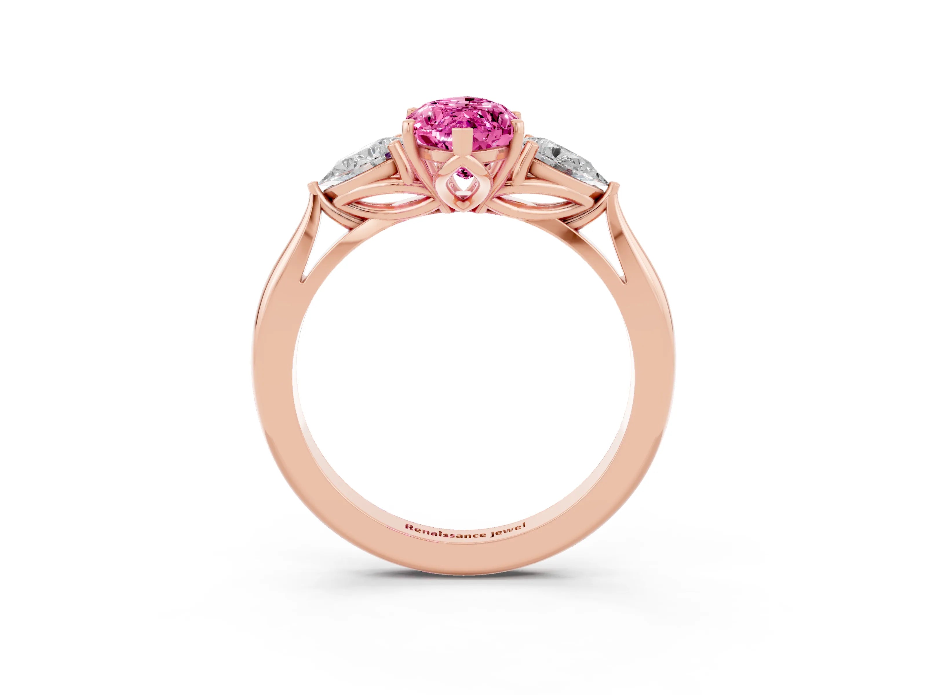 Rose gold Marquise Cut Pink Sapphire Three-Stone Ring with Pear Side Stones and Four-Prong Setting_15