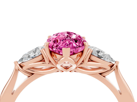 Rose gold Marquise Cut Pink Sapphire Three-Stone Ring with Pear Side Stones and Four-Prong Setting_16