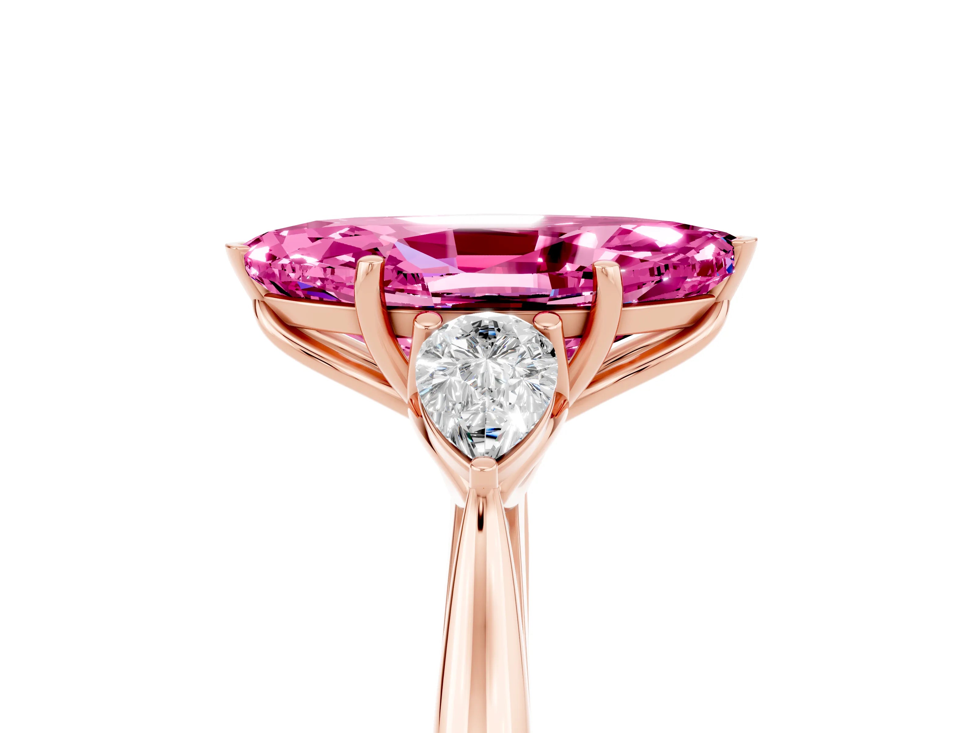 Rose gold Marquise Cut Pink Sapphire Three-Stone Ring with Pear Side Stones and Four-Prong Setting_17