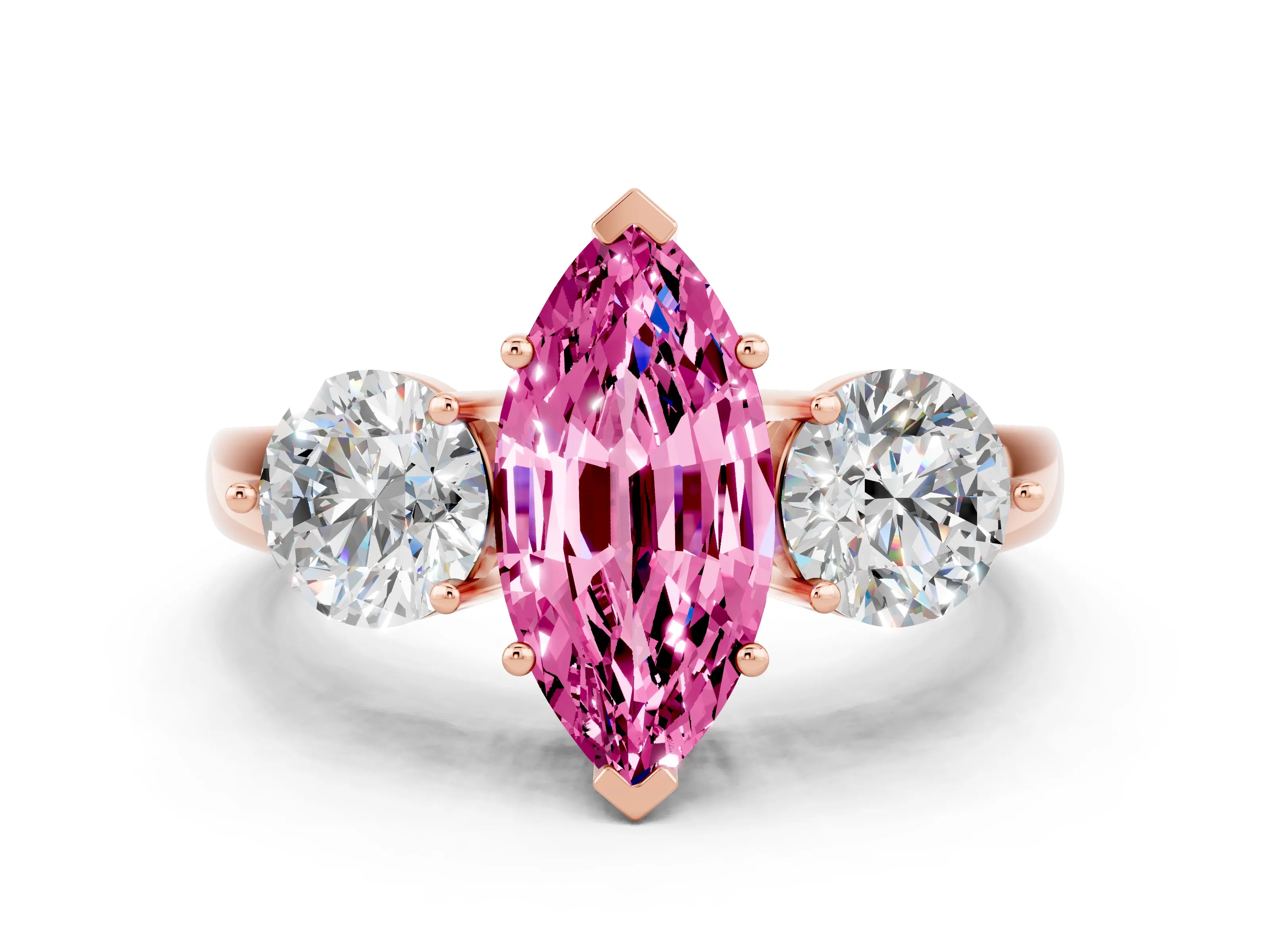 Rose gold Marquise Cut Pink Sapphire Three-Stone Ring with Prong Setting and Classic Band