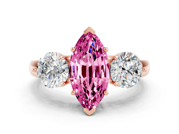 Rose gold Marquise Cut Pink Sapphire Three-Stone Ring with Prong Setting and Classic Band