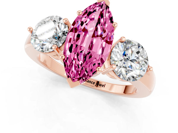 Rose gold Marquise Cut Pink Sapphire Three-Stone Ring with Prong Setting and Classic Band