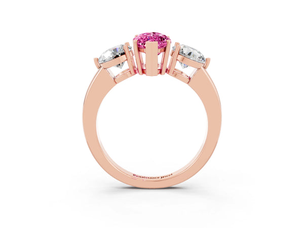 Rose gold Marquise Cut Pink Sapphire Three-Stone Ring with Prong Setting and Classic Band