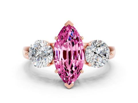 Rose gold Marquise Cut Pink Sapphire Three-Stone Ring with Prong Setting and Classic Band