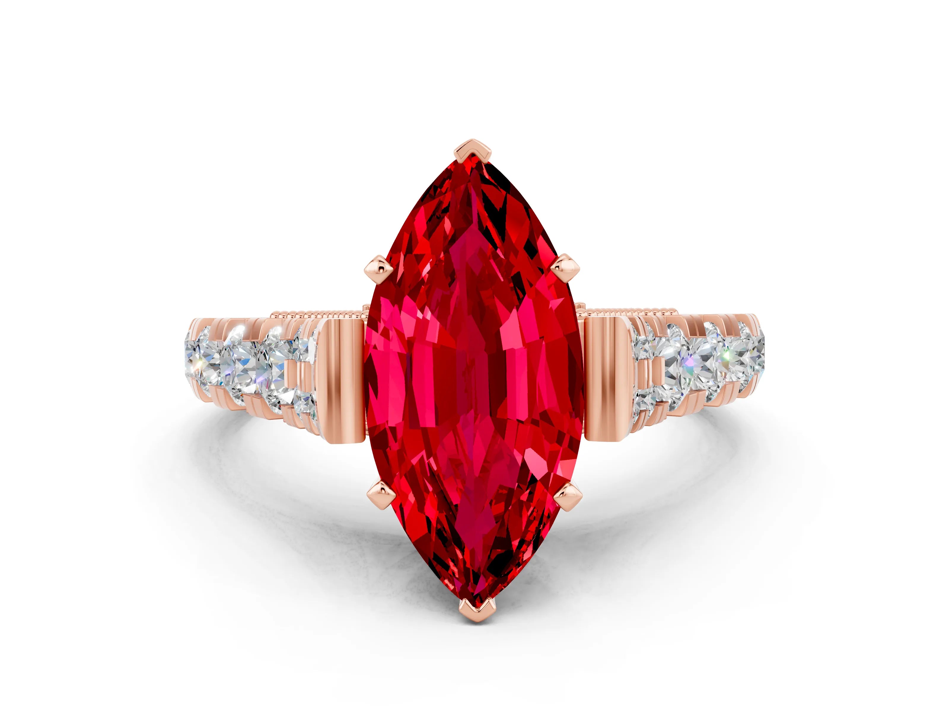 Rose gold Marquise Cut Ruby Classic Solitaire Ring with Pavé Band and Four-Prong Setting