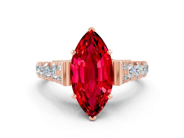 Rose gold Marquise Cut Ruby Classic Solitaire Ring with Pavé Band and Four-Prong Setting