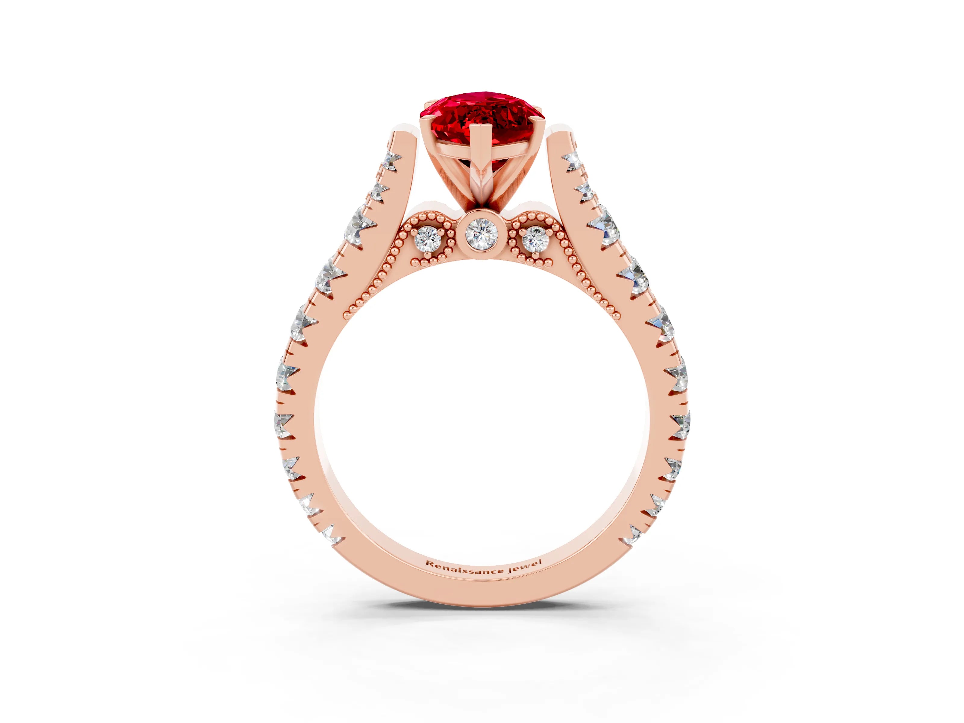 Rose gold Marquise Cut Ruby Classic Solitaire Ring with Pavé Band and Four-Prong Setting_3