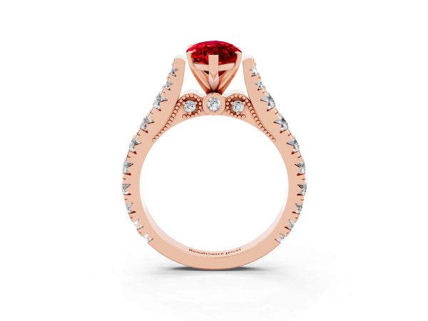 Rose gold Marquise Cut Ruby Classic Solitaire Ring with Pavé Band and Four-Prong Setting
