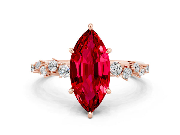Rose gold Marquise Cut Ruby Cluster Side Stone Solitaire Ring with Prong Setting