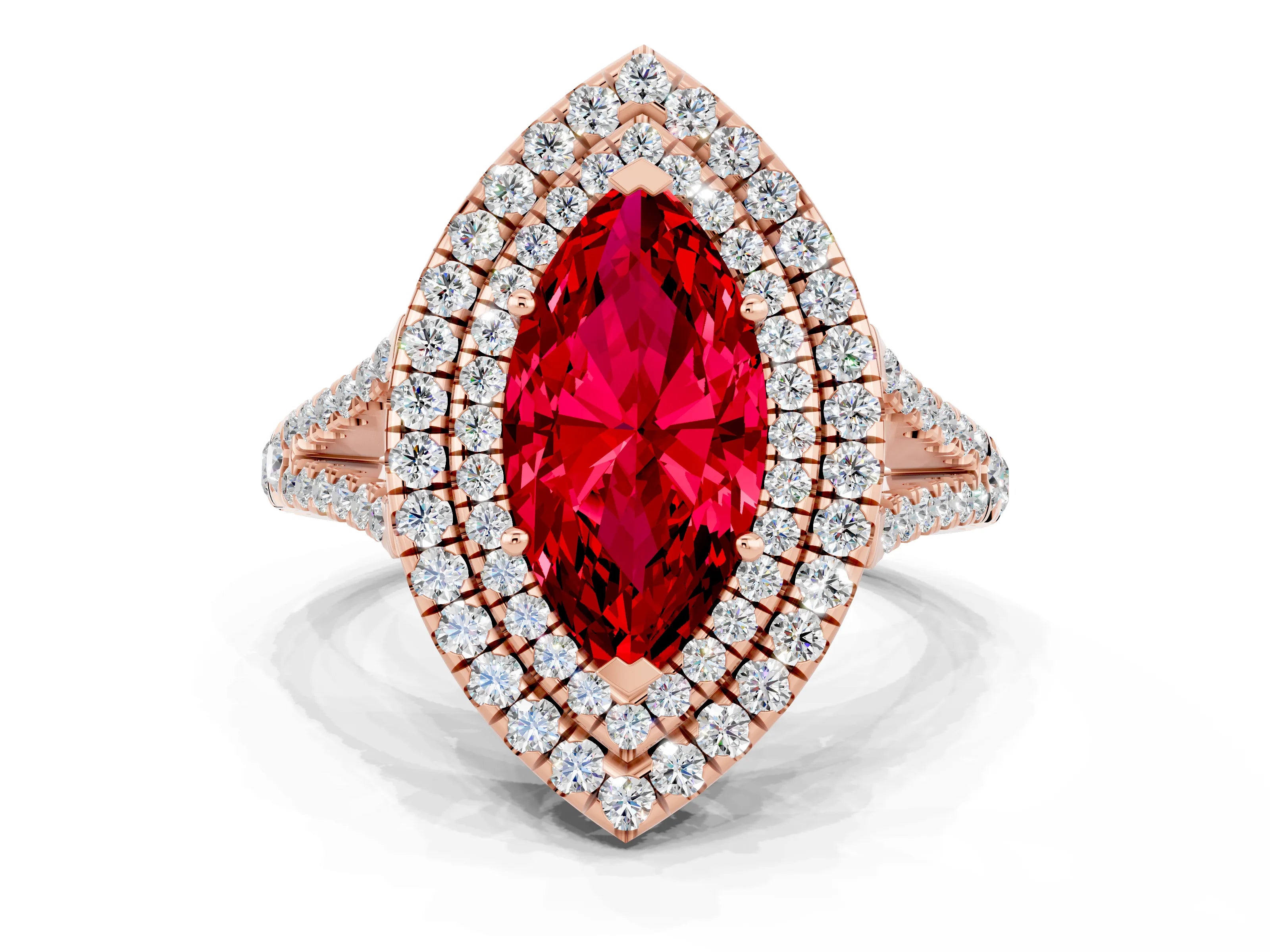 Rose gold Marquise Cut Ruby Double Halo Ring with Pavé Band and Prong Setting_12
