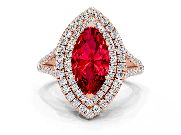 Rose gold Marquise Cut Ruby Double Halo Ring with Pavé Band and Prong Setting