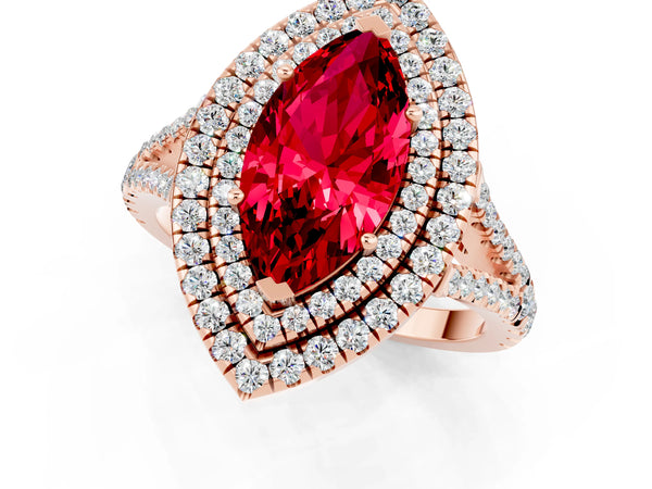 Rose gold Marquise Cut Ruby Double Halo Ring with Pavé Band and Prong Setting