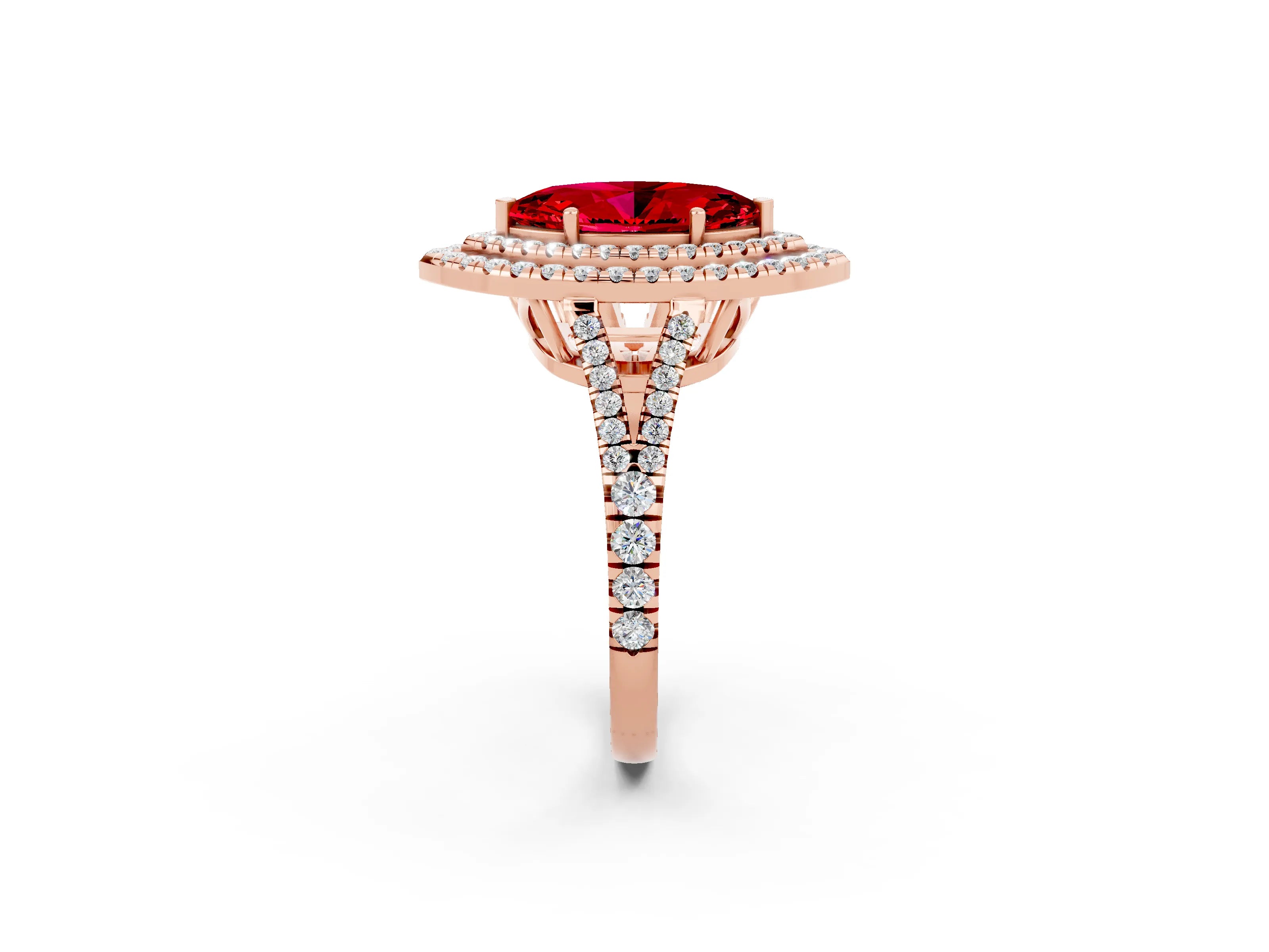 Rose gold Marquise Cut Ruby Double Halo Ring with Pavé Band and Prong Setting_14