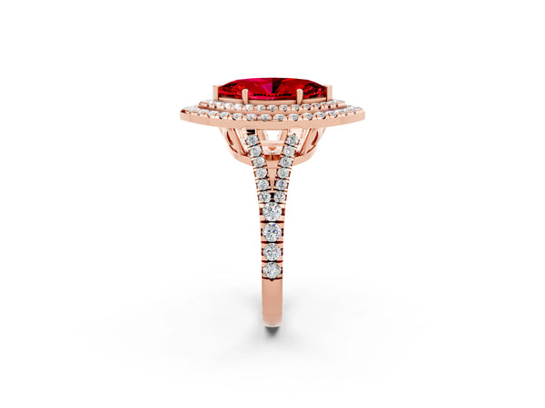 Rose gold Marquise Cut Ruby Double Halo Ring with Pavé Band and Prong Setting