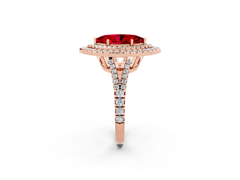 Rose gold Marquise Cut Ruby Double Halo Ring with Pavé Band and Prong Setting_14