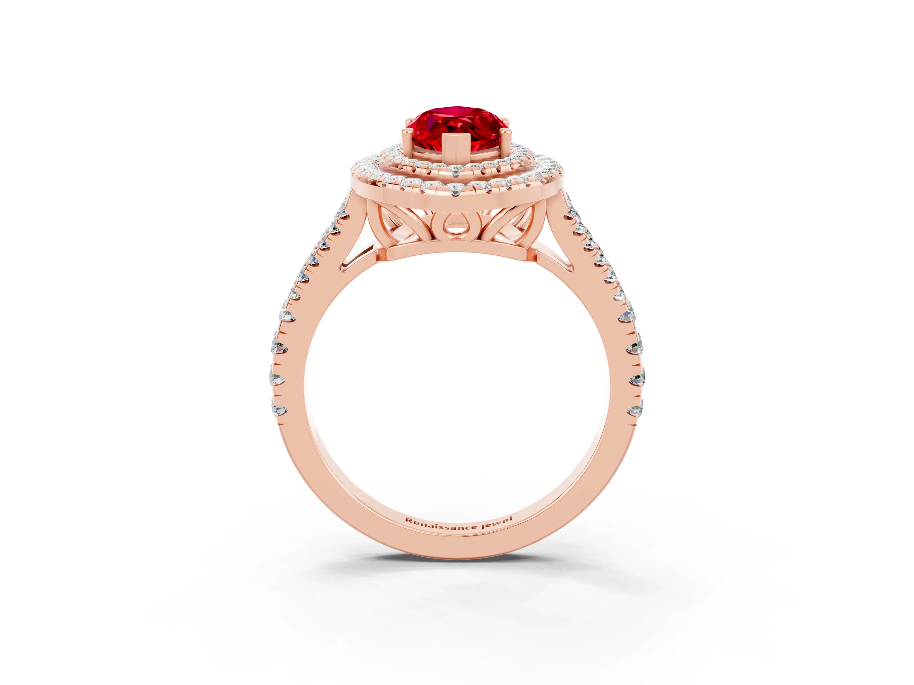 Rose gold Marquise Cut Ruby Double Halo Ring with Pavé Band and Prong Setting_15