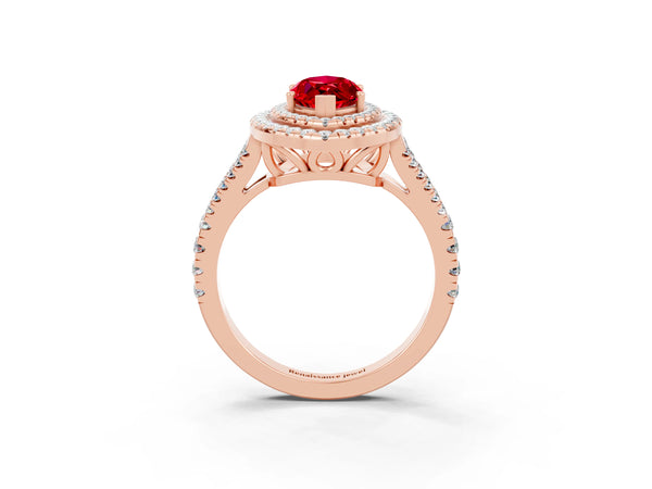 Rose gold Marquise Cut Ruby Double Halo Ring with Pavé Band and Prong Setting