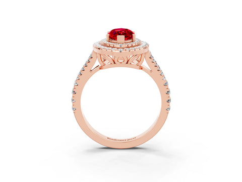 Rose gold Marquise Cut Ruby Double Halo Ring with Pavé Band and Prong Setting_15