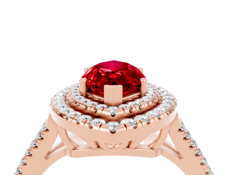 Rose gold Marquise Cut Ruby Double Halo Ring with Pavé Band and Prong Setting_16