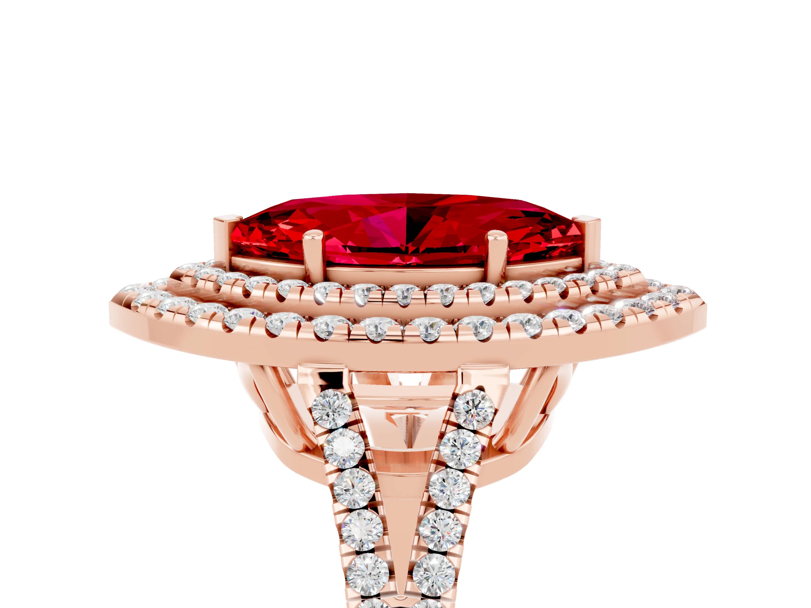 Rose gold Marquise Cut Ruby Double Halo Ring with Pavé Band and Prong Setting_17