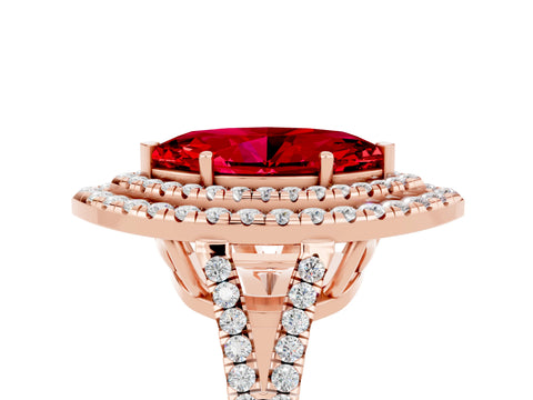 Rose gold Marquise Cut Ruby Double Halo Ring with Pavé Band and Prong Setting_17