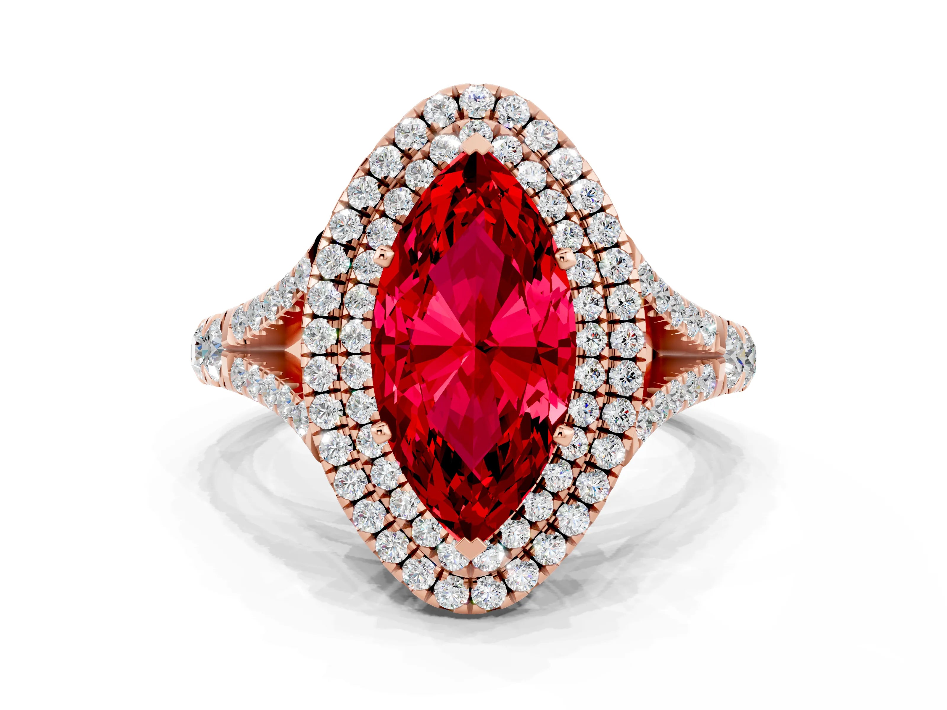 Rose gold Marquise Cut Ruby Double Halo Ring with Split Shank and Prong Setting_12