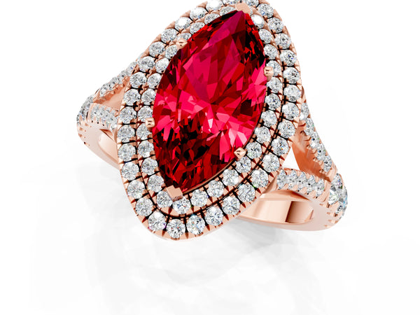 Rose gold Marquise Cut Ruby Double Halo Ring with Split Shank and Prong Setting