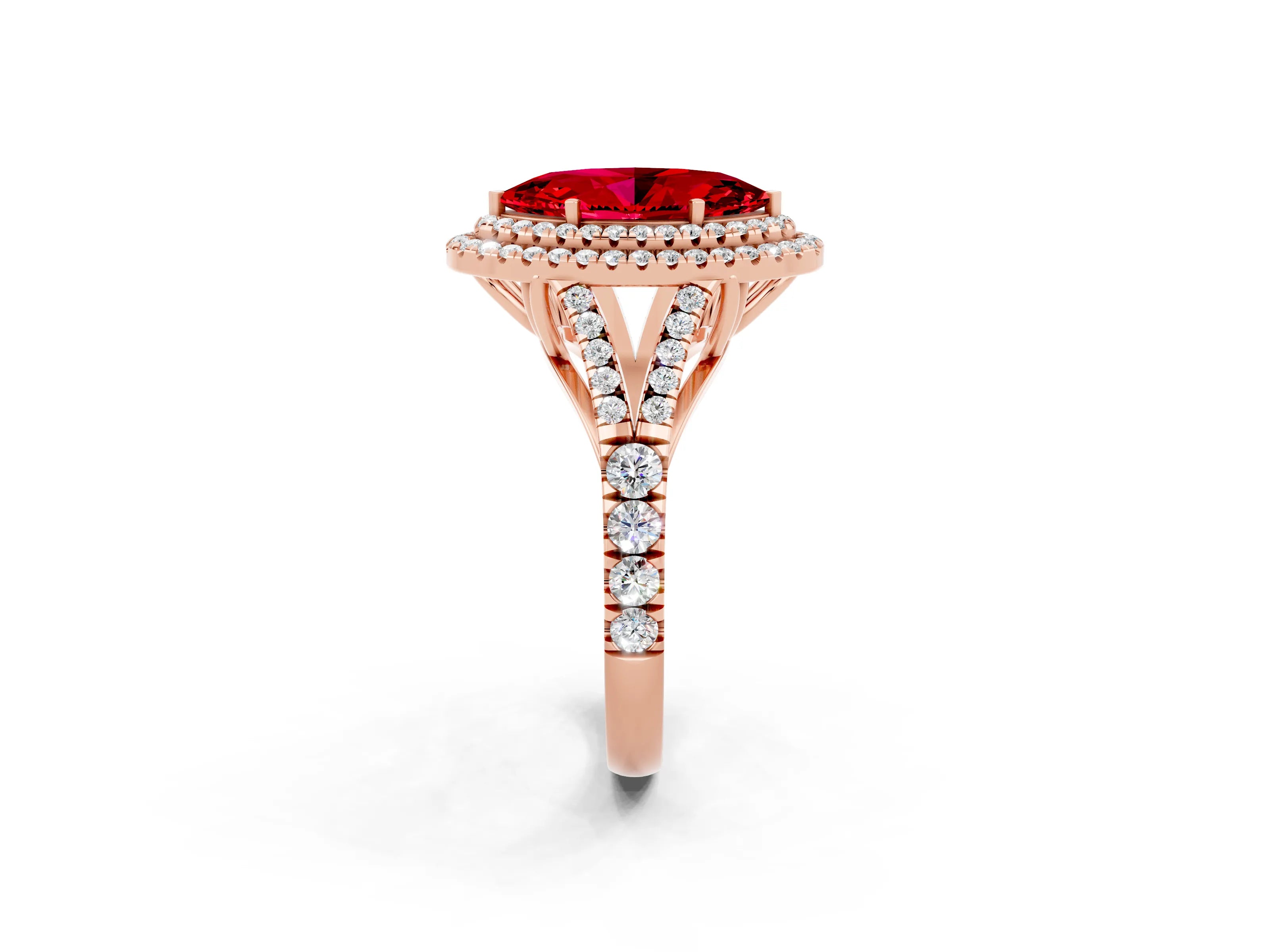 Rose gold Marquise Cut Ruby Double Halo Ring with Split Shank and Prong Setting_14