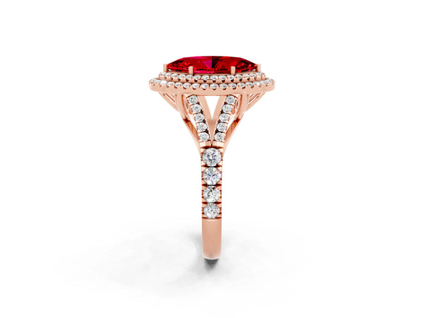 Rose gold Marquise Cut Ruby Double Halo Ring with Split Shank and Prong Setting