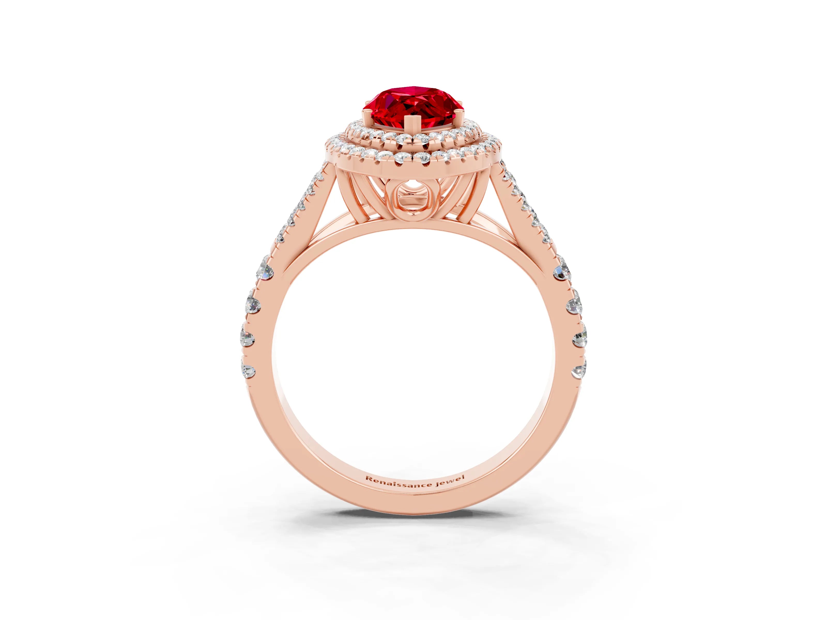 Rose gold Marquise Cut Ruby Double Halo Ring with Split Shank and Prong Setting_15
