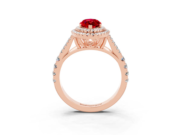 Rose gold Marquise Cut Ruby Double Halo Ring with Split Shank and Prong Setting