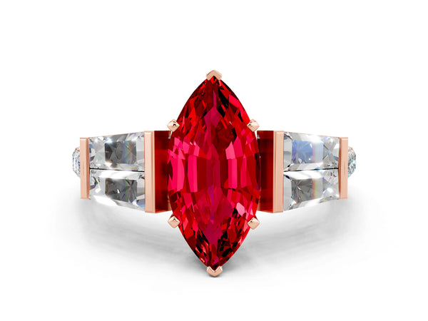 Rose gold Marquise Cut Ruby Engagement Ring with Baguette Side Stones and Channel Set Band
