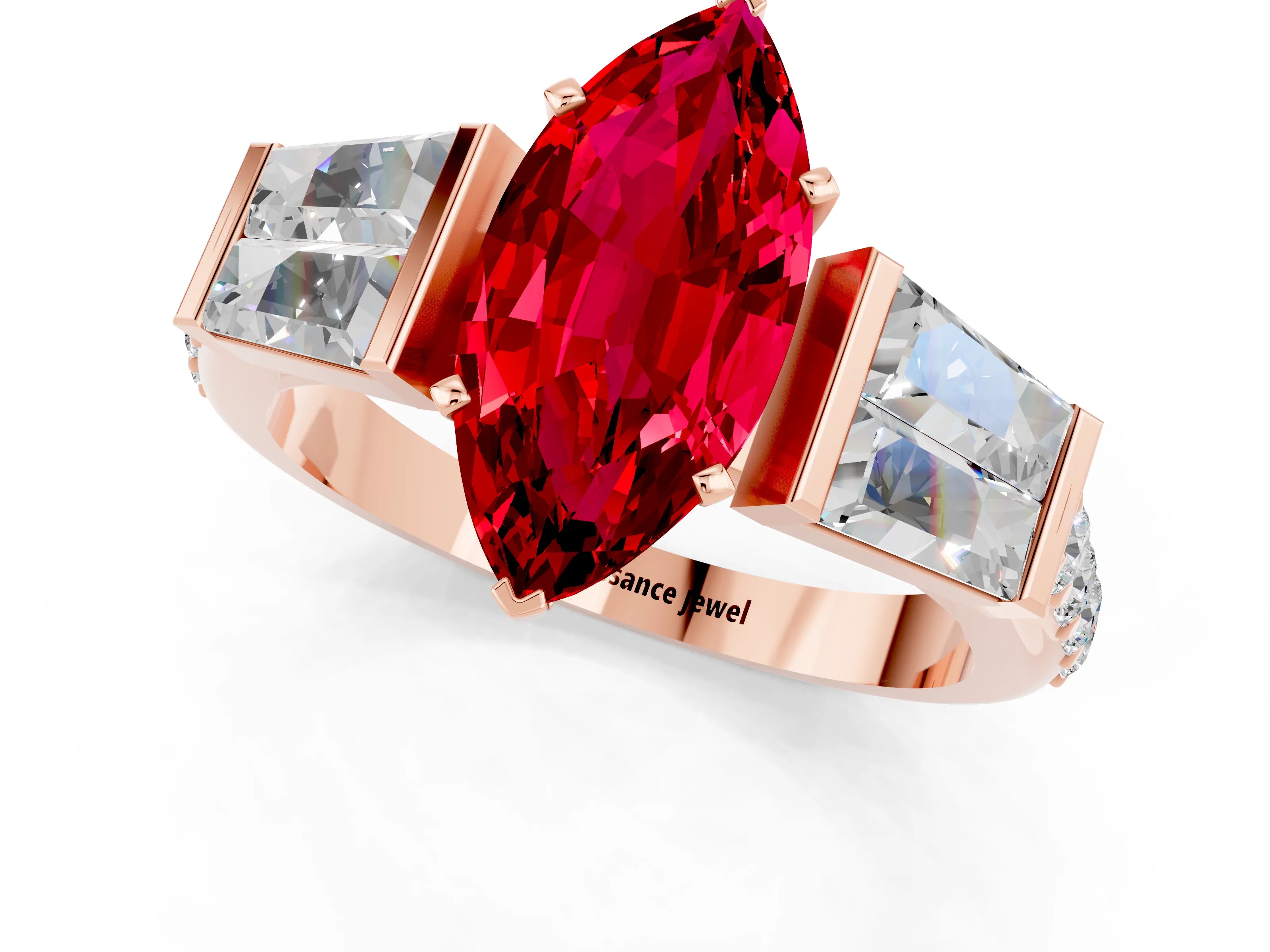 Rose gold Marquise Cut Ruby Engagement Ring with Baguette Side Stones and Channel Set Band_1