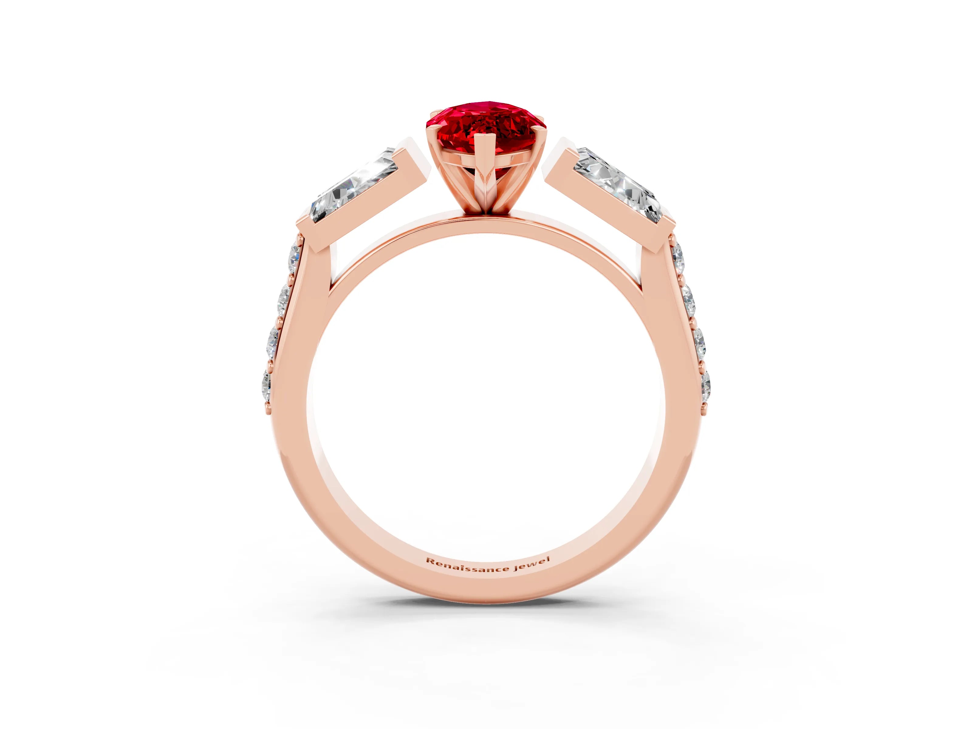 Rose gold Marquise Cut Ruby Engagement Ring with Baguette Side Stones and Channel Set Band_3