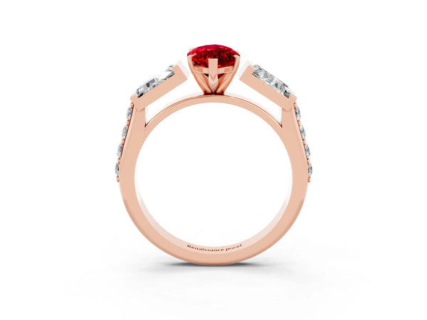 Rose gold Marquise Cut Ruby Engagement Ring with Baguette Side Stones and Channel Set Band