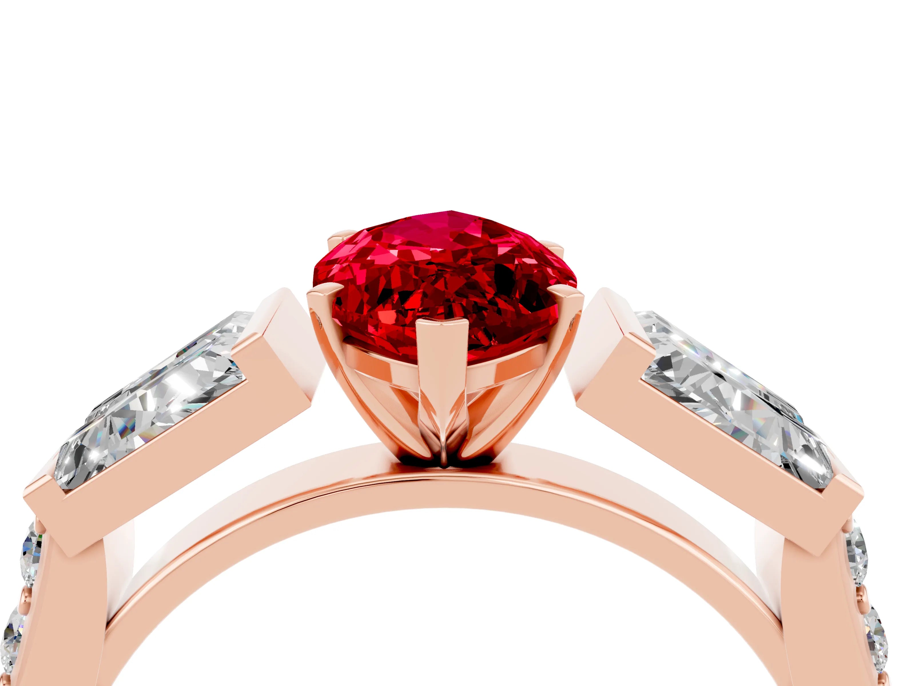 Rose gold Marquise Cut Ruby Engagement Ring with Baguette Side Stones and Channel Set Band_4
